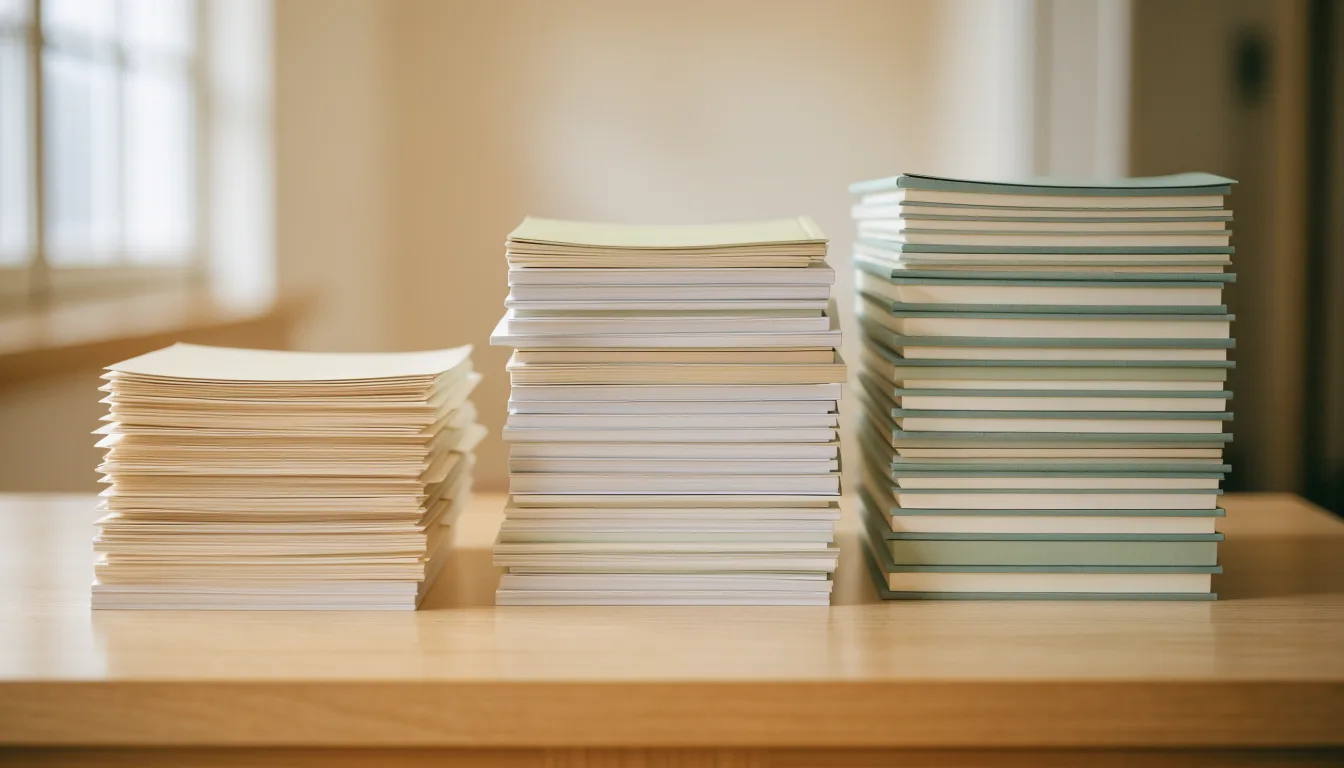 入門・実践・完全版 の収録量の違いを表した、高さの異なる3つの書類の山