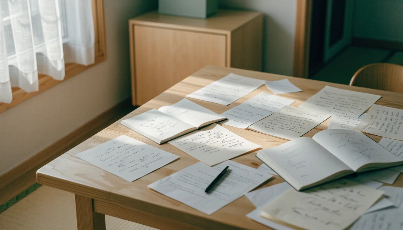 机の上に散らばったメモ、付箋、書類
